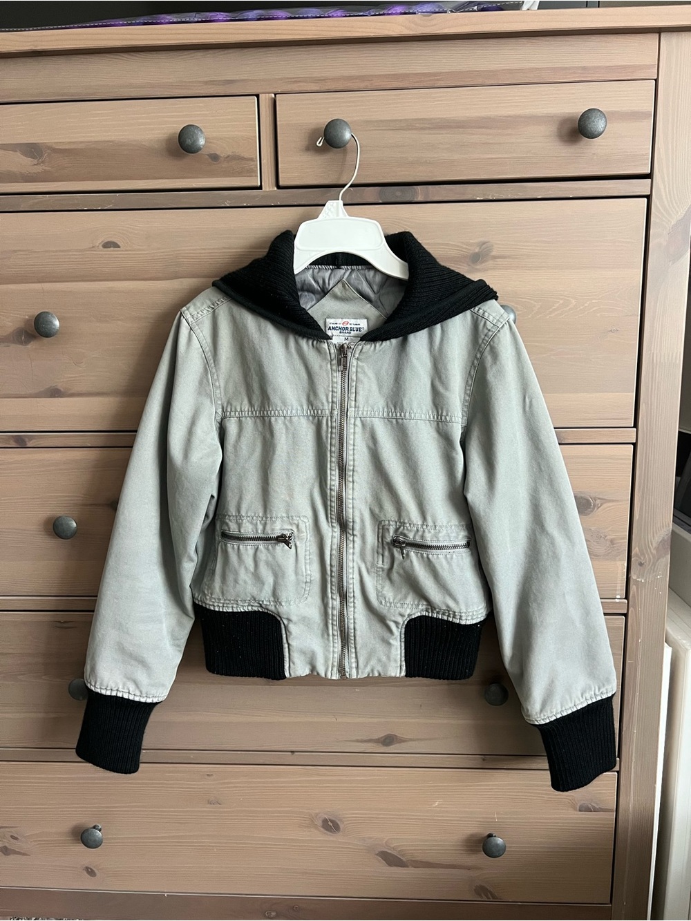 Vintage Anchor Blue Hooded Bomber Jacket - Light Gray & Black Y2K M